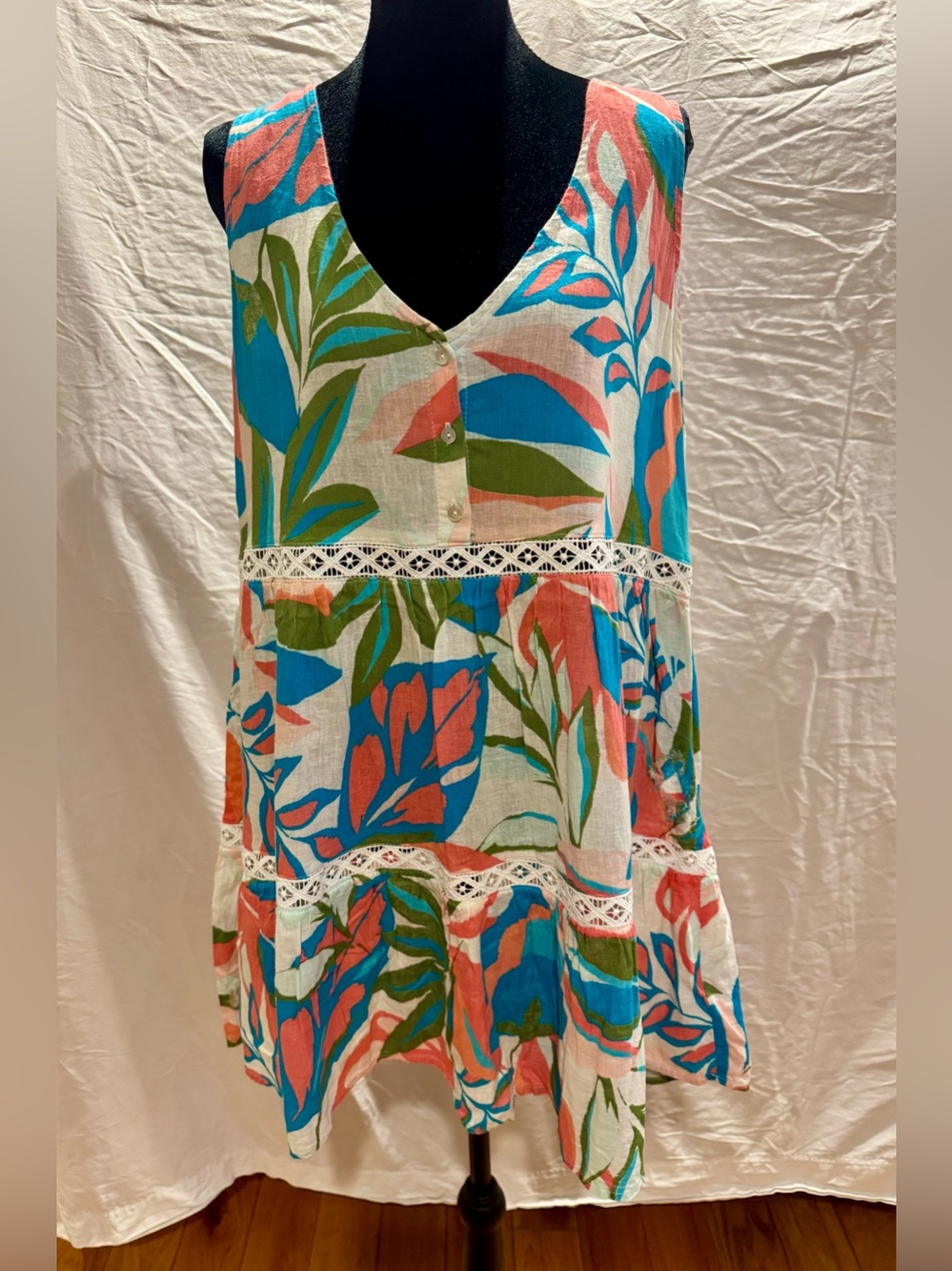 C&C California Tropical Print Mini Dress in White, Blue, Green, Coral